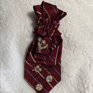Burgundy Striped Tie Necklace with Decorative Pins